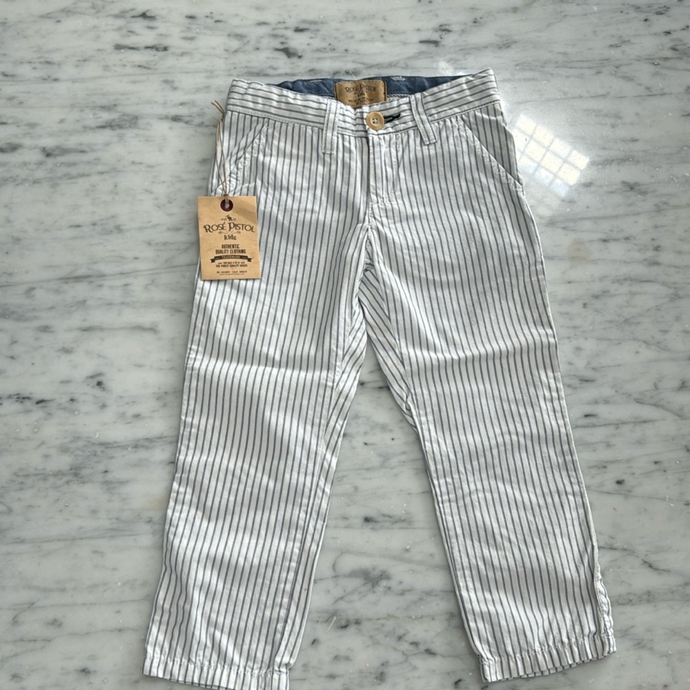 New Boys Rose Pistol White and Navy Striped Chino Pant Adjustable Waist NWT